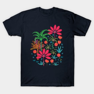 DREAM Bohemian Tropical Paradise Palm Trees Exotic Floral Botanical Plants with Cute Snake in Bright Red Green Blue Orange Yellow on Dark Blue - UnBlink Studio by Jackie Tahara T-Shirt